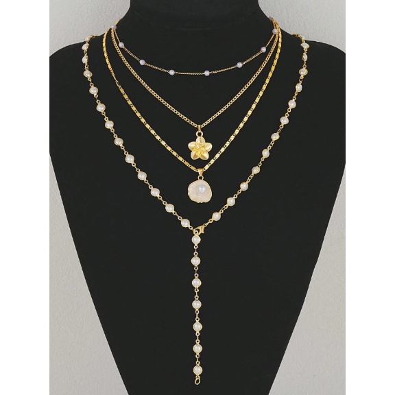 4pcs Fashionable Minimalist Bohemian Shell Flower & Faux Pearl Y-Necklace Set