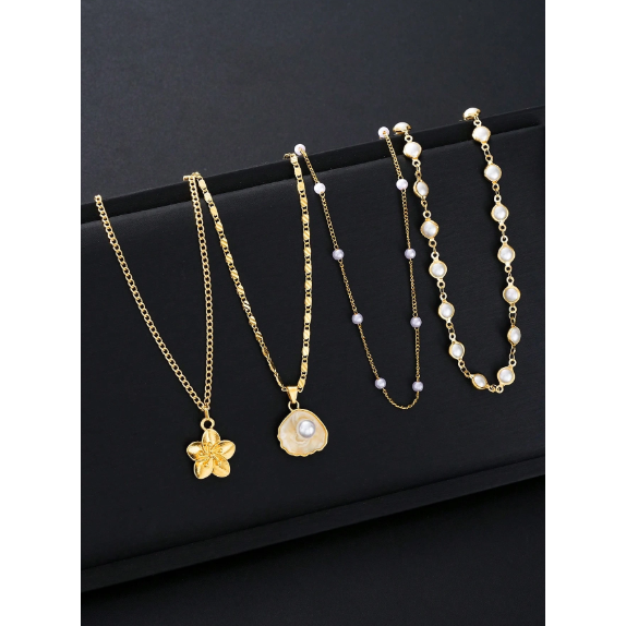 4pcs Fashionable Minimalist Bohemian Shell Flower & Faux Pearl Y-Necklace Set